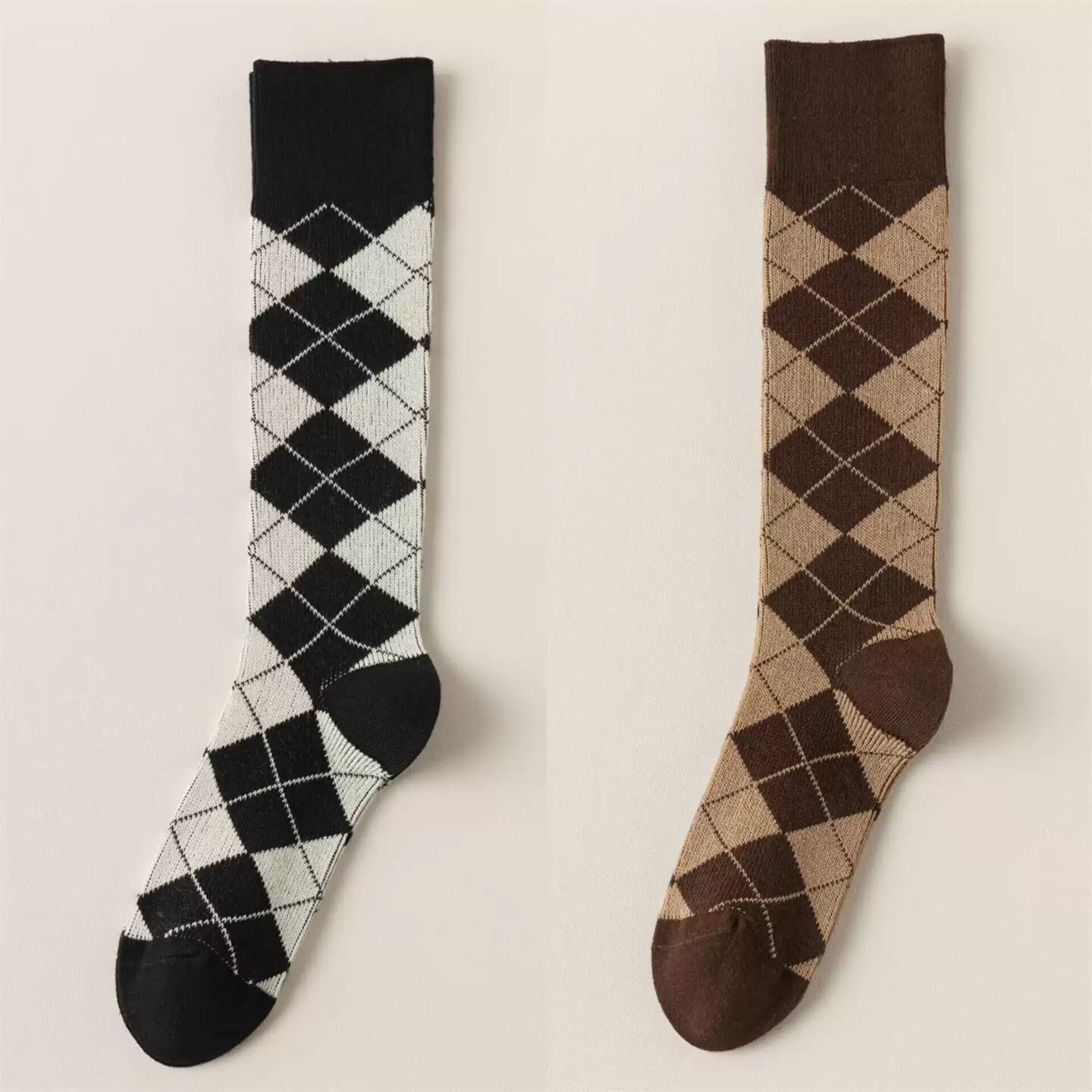 Findszx | Women’s Retro-Inspired Knee-High Cotton Socks with Diamond Pattern for Autumn & Winter Wear
