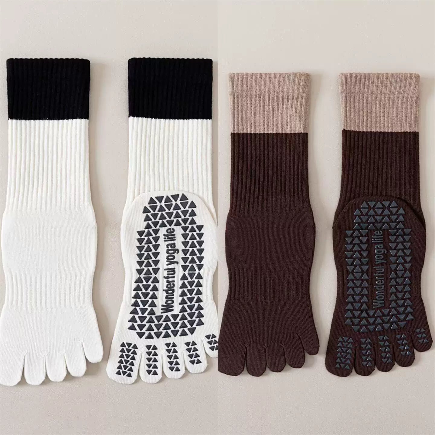 Findszx | Women’s Color-Block Mid-Calf Five-Toe Yoga Socks with Grip for Pilates & Indoor Fitness