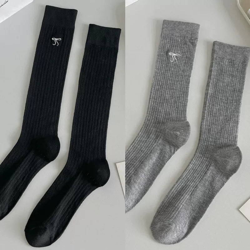 Ballet Style Bow Long Socks For Women Summer Thin Mid-High Calf Socks Mesh Breathable Pile Stockings Cotton