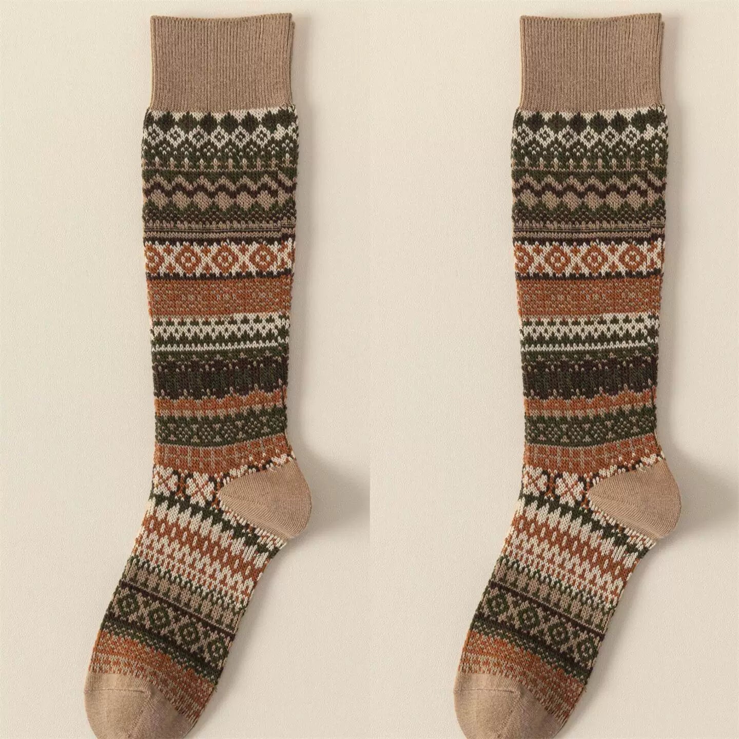 Ethnic Style Retro Calf Socks Double-Needle Fair Isle Stockings For Women In Autumn And Winter Paired With Snow Boots And Piled High Socks