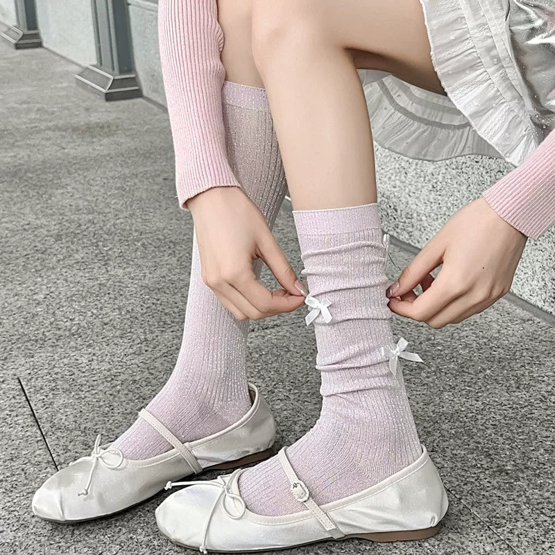 Findszx | Women’s Ballet-Inspired Calf Socks with Bow Detail and Sheer Finish for Spring & Summer Wear