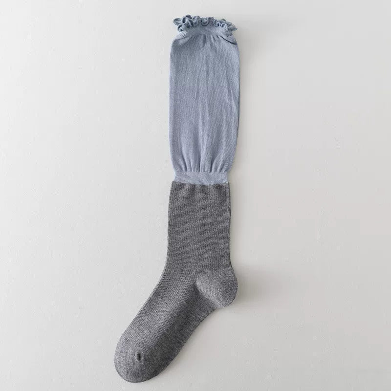 Findszx | Lace-Trim Color-Block Calf Socks for Women, Lightweight Spliced Design, Spring & Summer Daily Style