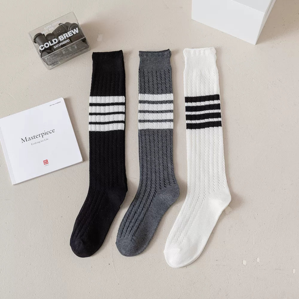 Findszx | Women’s Knee-Length Cotton Mesh Socks with Four-Stripe Detail for Spring & Summer Wear