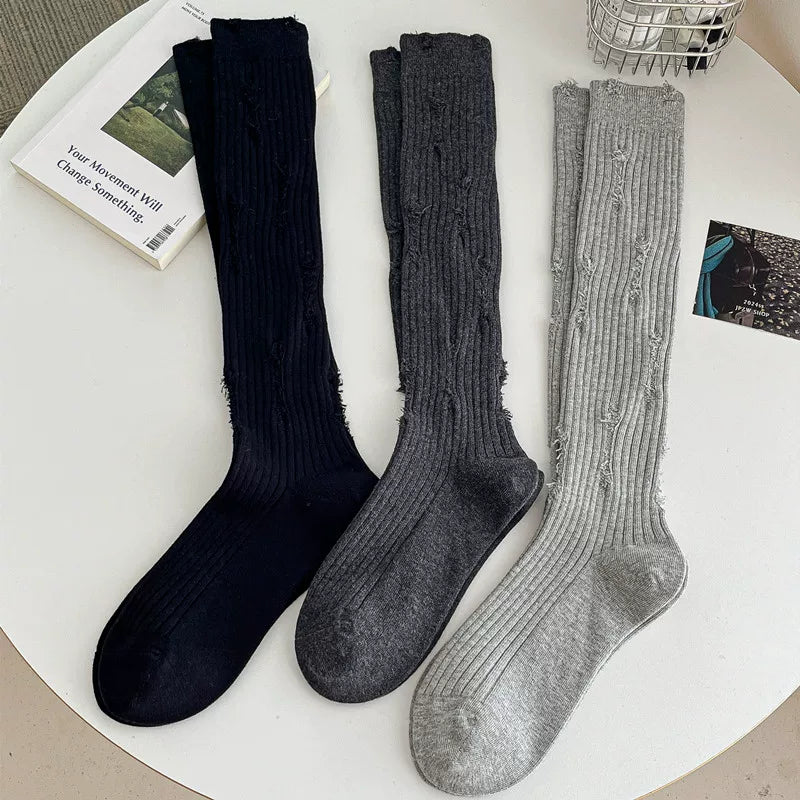 Findszx | Women’s Distressed Mid-Calf Cotton Socks with Vintage Texture for Spring & Autumn Wear