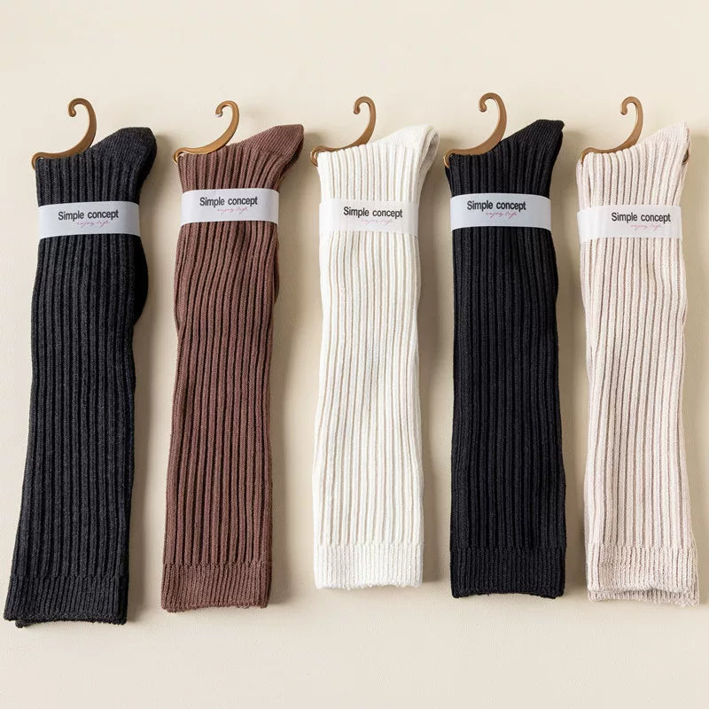 Double-Needle Calf Socks For Women In Autumn And Winter Pure Cotton Striped Pressure Slimming Solid Color Jk Versatile Knee-High College Style Stockings
