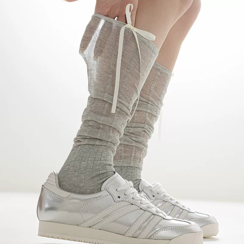 Findszx | Women’s Ballet-Inspired Hollow Knit Calf Socks with Bow Detail for Spring & Summer Wear