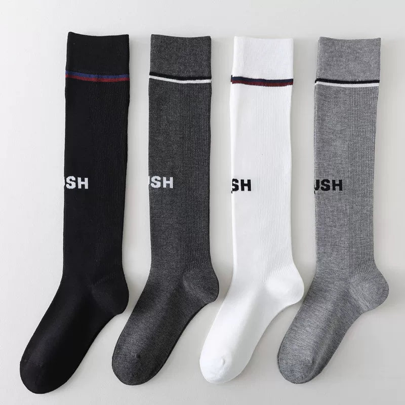 Findszx | Letter Detail Mid-High Calf Socks for Women, Striped Knit Design, Versatile Everyday Style