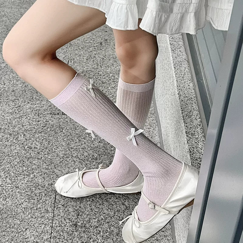 Findszx | Women’s Ballet-Inspired Calf Socks with Bow Detail and Sheer Finish for Spring & Summer Wear