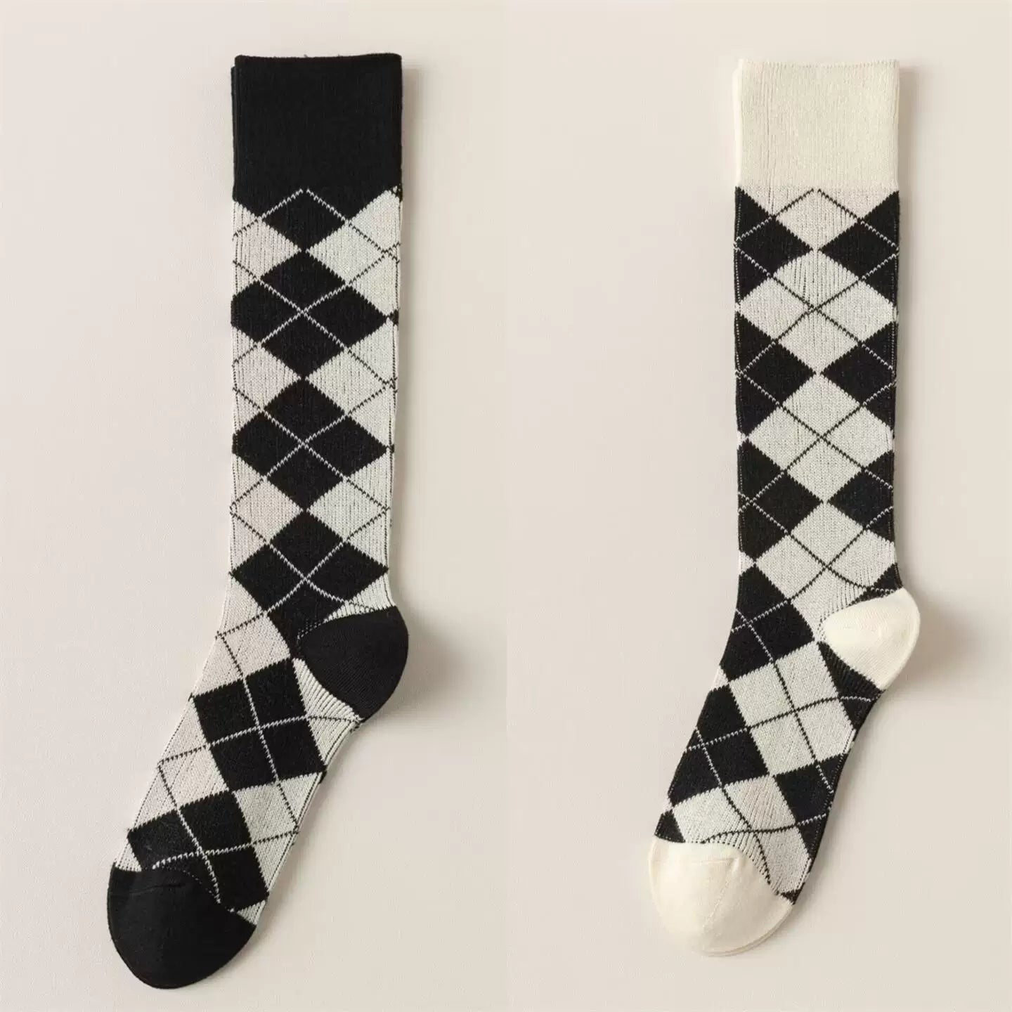 Findszx | Women’s Retro-Inspired Knee-High Cotton Socks with Diamond Pattern for Autumn & Winter Wear