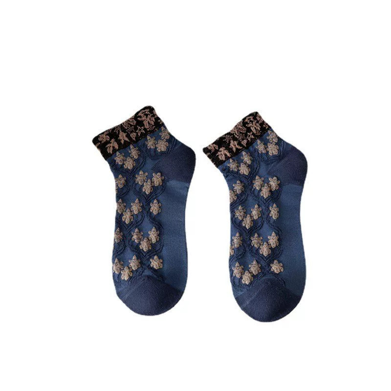 Findszx | 3-Pair Women’s Floral Cotton Lace Ankle Socks Set for Spring & Autumn Wear