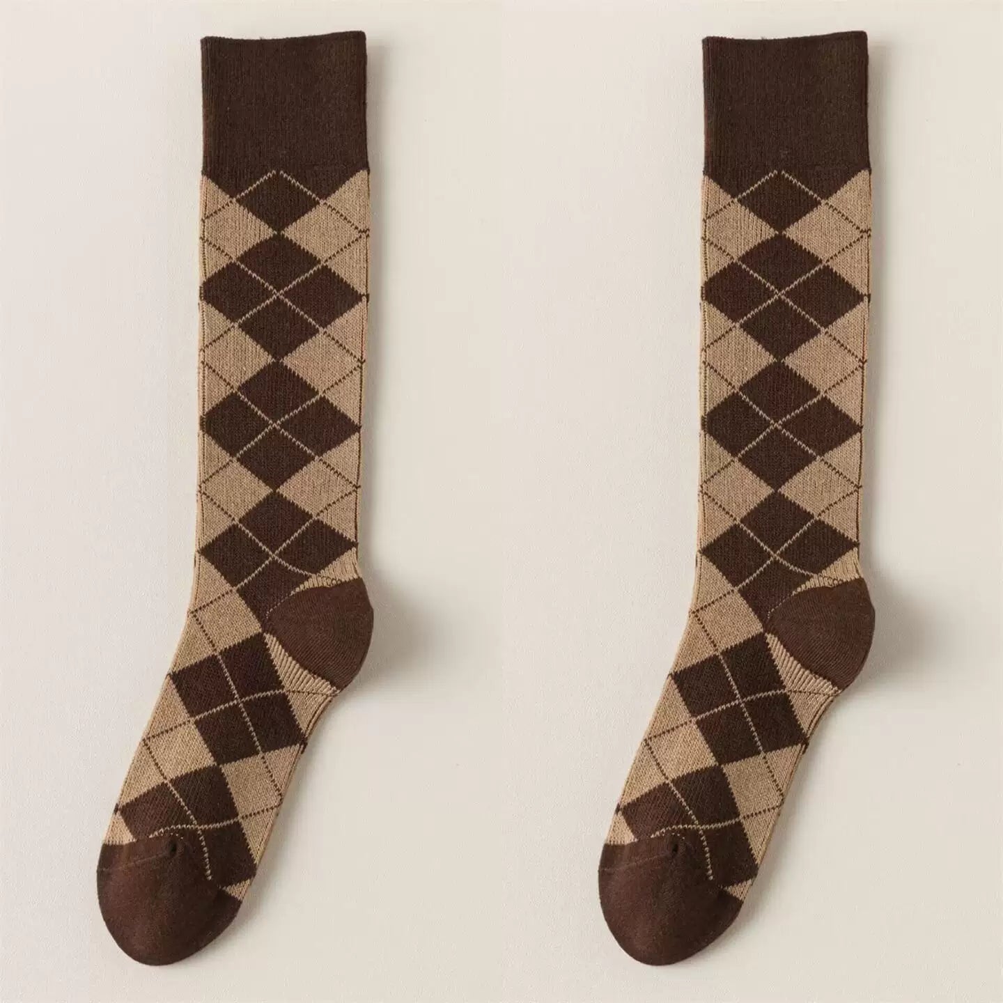 Findszx | Women’s Retro-Inspired Knee-High Cotton Socks with Diamond Pattern for Autumn & Winter Wear