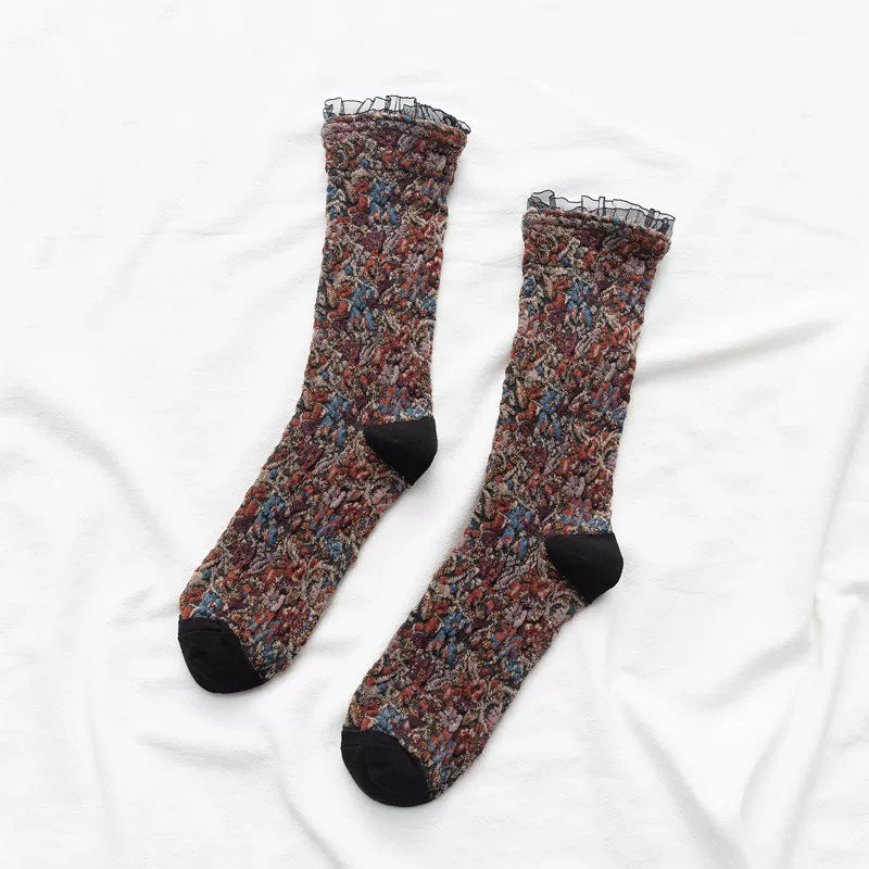 Findszx | Women’s Floral Lace Mid-Calf Cotton Socks with Delicate Knit Texture for Autumn & Winter Wear