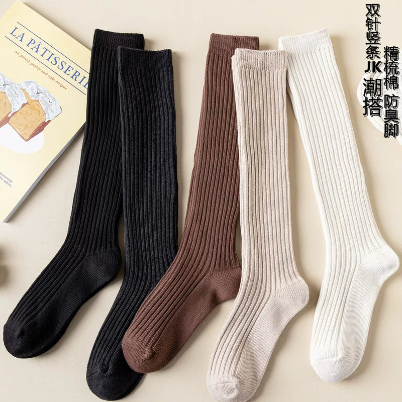 Double-Needle Calf Socks For Women In Autumn And Winter Pure Cotton Striped Pressure Slimming Solid Color Jk Versatile Knee-High College Style Stockings