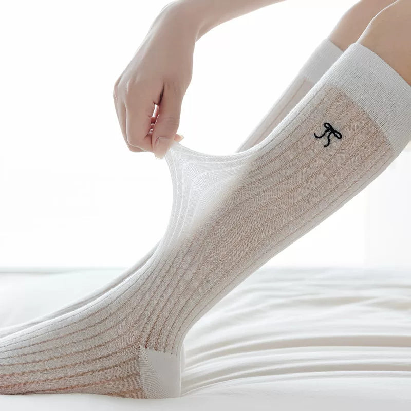 Ballet Style Bow Long Socks For Women Summer Thin Mid-High Calf Socks Mesh Breathable Pile Stockings Cotton