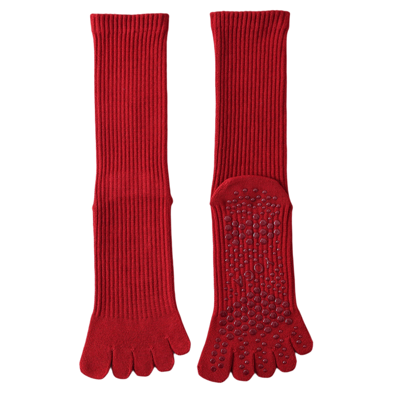 Findszx | Women’s Red Mid-Calf Five-Toe Yoga Socks with Grip for Pilates & Indoor Fitness