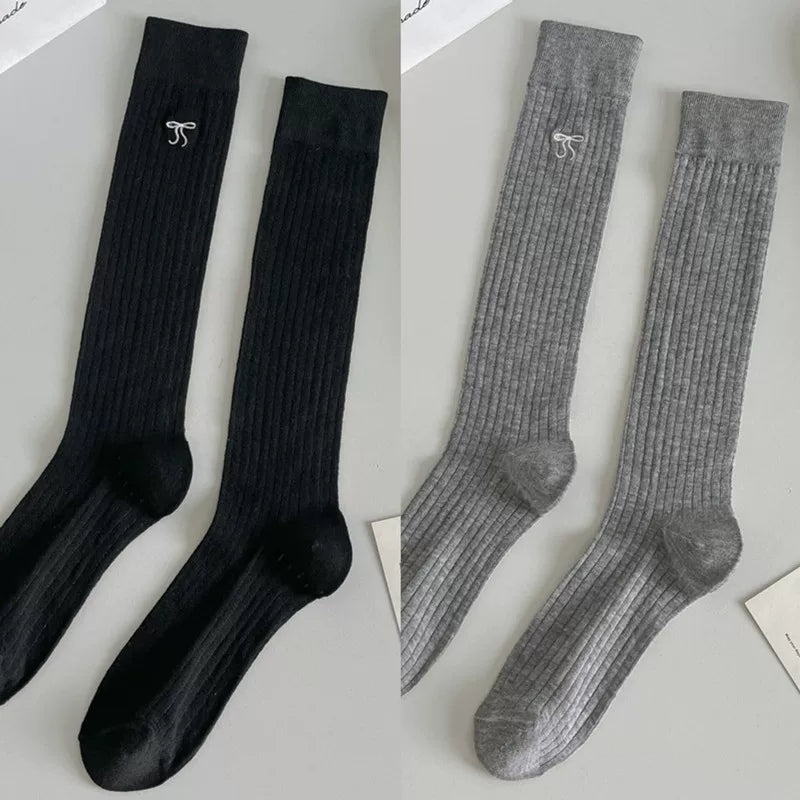 Ballet Style Bow Long Socks For Women Summer Thin Mid-High Calf Socks Mesh Breathable Pile Stockings Cotton