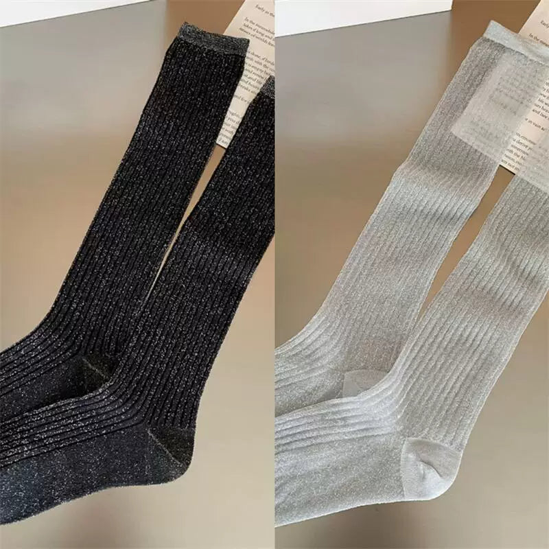 Findszx | Lightweight Vertical Stripe Long Calf Socks for Women, Sheer Texture Design, Spring & Summer Style