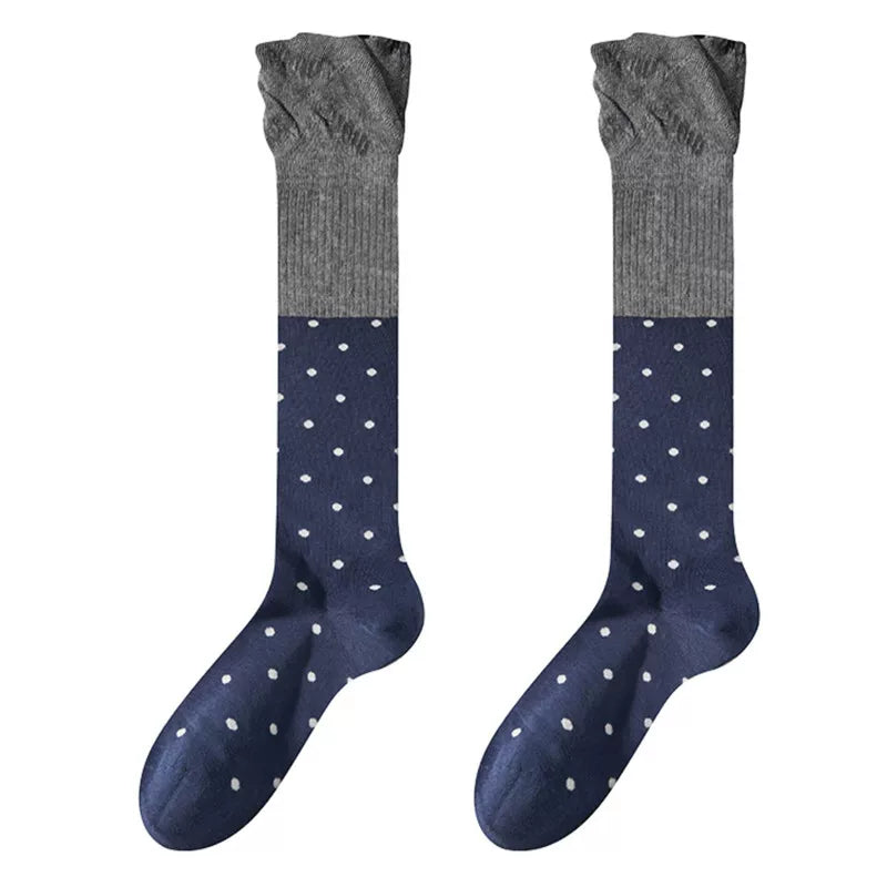 Findszx | Women’s Ballet-Inspired Lace Mid-Calf Cotton Socks with Polka Dot Detail for Spring & Summer Wear