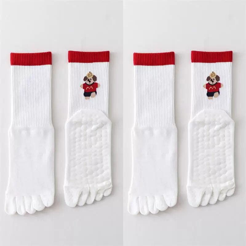 Findszx | Women’s Cartoon-Style Mid-Calf Five-Toe Yoga Socks with Grip for Pilates & Indoor Fitness