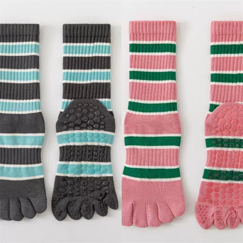 Findszx | Women’s Five-Toe Mid-Calf Socks for Yoga & Dance, Striped Pattern with Dotted Detail, Active Style