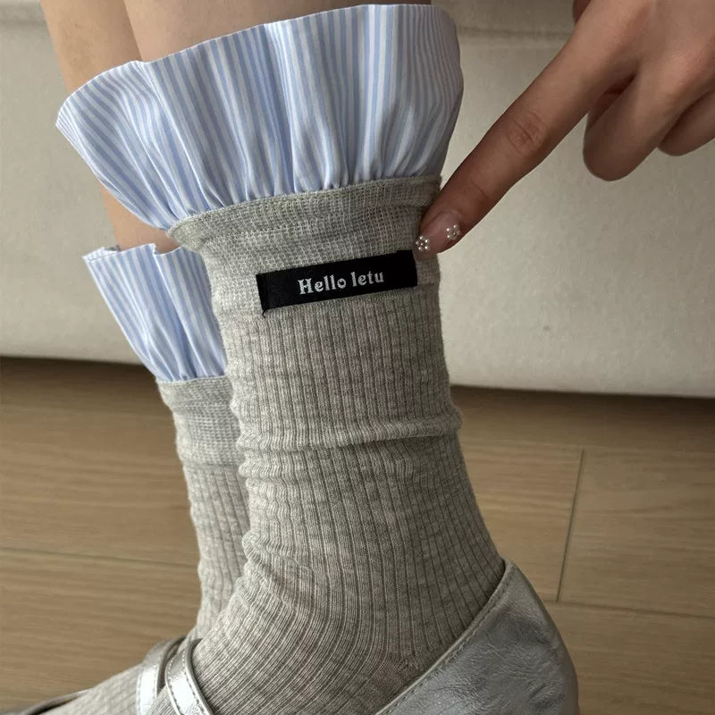 Findszx | Plaid Lace-Trim Mid-Calf Socks for Women, Letter Detail Knit, Layered Everyday Style