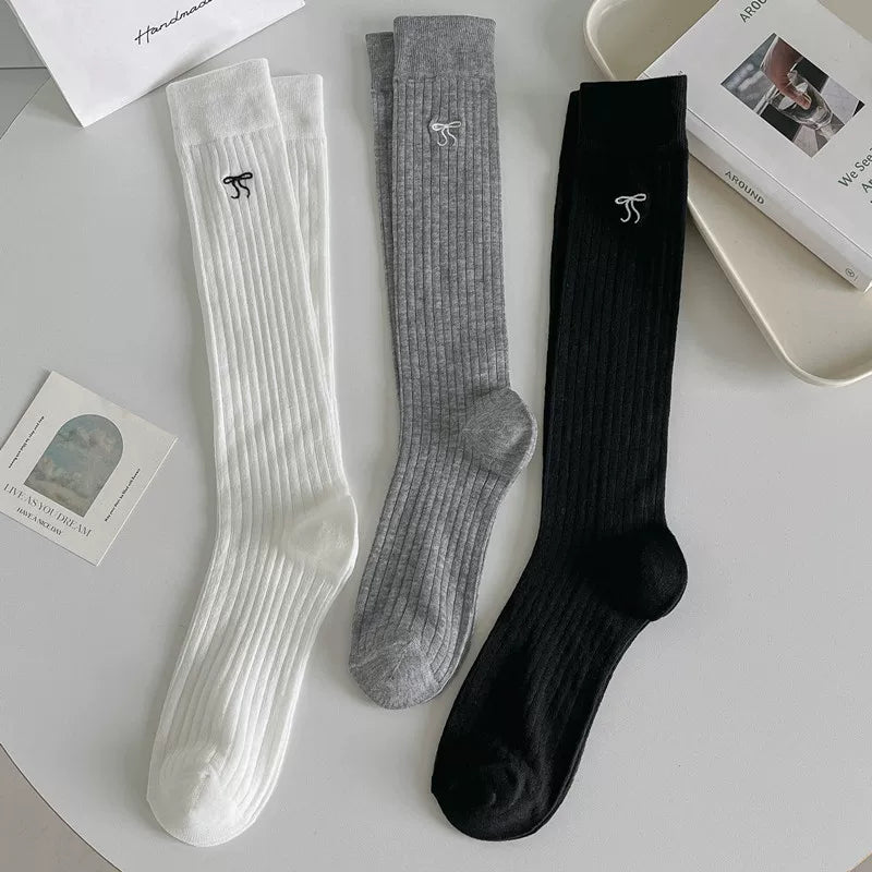 Ballet Style Bow Long Socks For Women Summer Thin Mid-High Calf Socks Mesh Breathable Pile Stockings Cotton