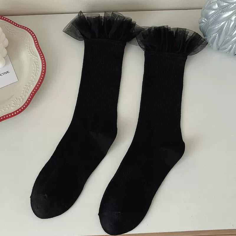 Findszx | Women’s Lace Panel Knee-High Socks with Mesh Texture for Everyday Fashion Wear