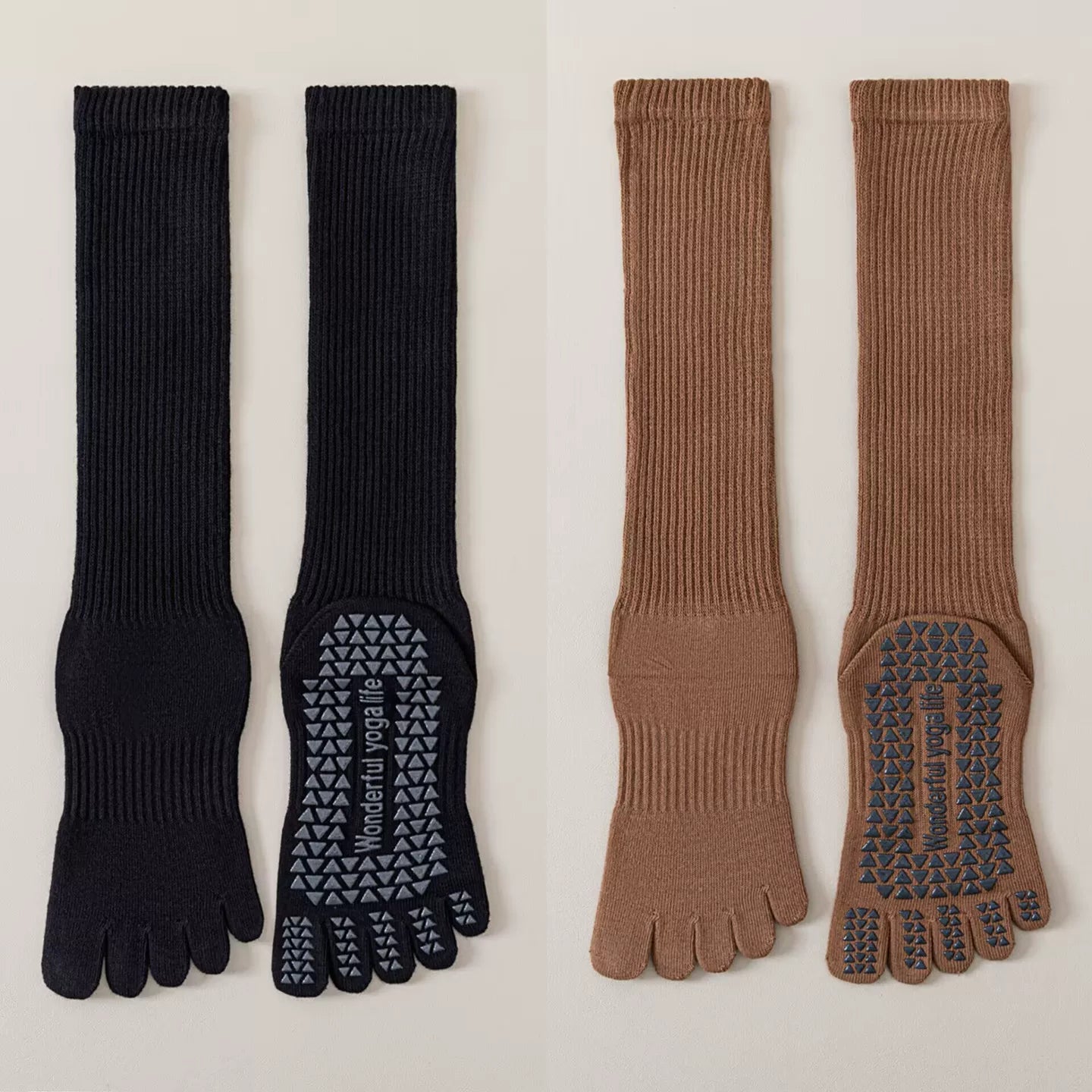 Findszx | Five-Toe Calf Socks in Warm Neutral Tones, Lightweight Design for Yoga & Pilates Wear