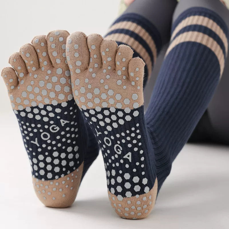 Findszx | Women’s Long-Calf Five-Toe Cotton Yoga Socks with Grip for Pilates & Indoor Workouts