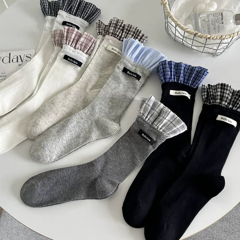 Findszx | Plaid Lace-Trim Mid-Calf Socks for Women, Letter Detail Knit, Layered Everyday Style