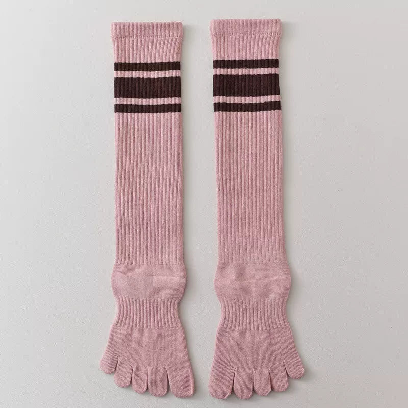 Findszx | Women’s Knee-High Five-Toe Cotton Socks with Striped Design for Spring & Autumn Wear