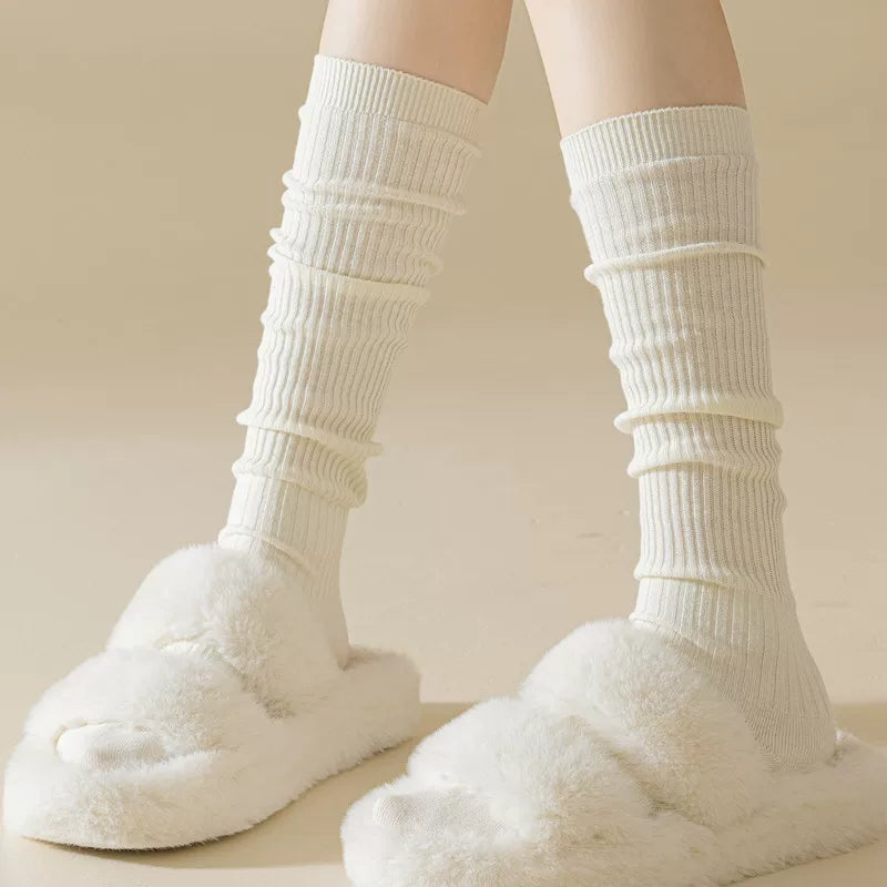 Findszx | Women’s White Long Calf Pile Socks with Vertical Stripe Texture for Spring & Summer Wear