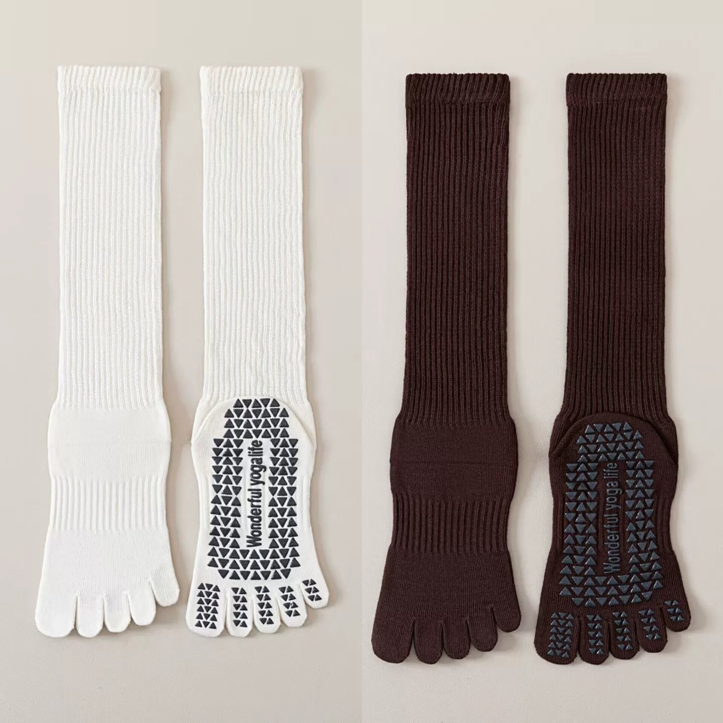 Findszx | Five-Toe Calf Socks in Warm Neutral Tones, Lightweight Design for Yoga & Pilates Wear