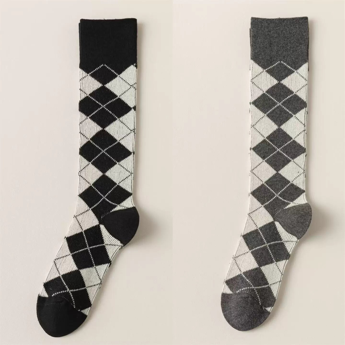 Findszx | Women’s Retro-Inspired Knee-High Cotton Socks with Diamond Pattern for Autumn & Winter Wear