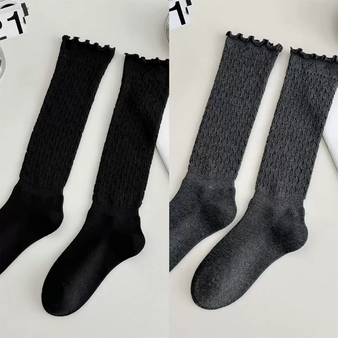 Findszx | Women’s Retro Knit Calf Socks with Lace Trim for Spring & Autumn Wear