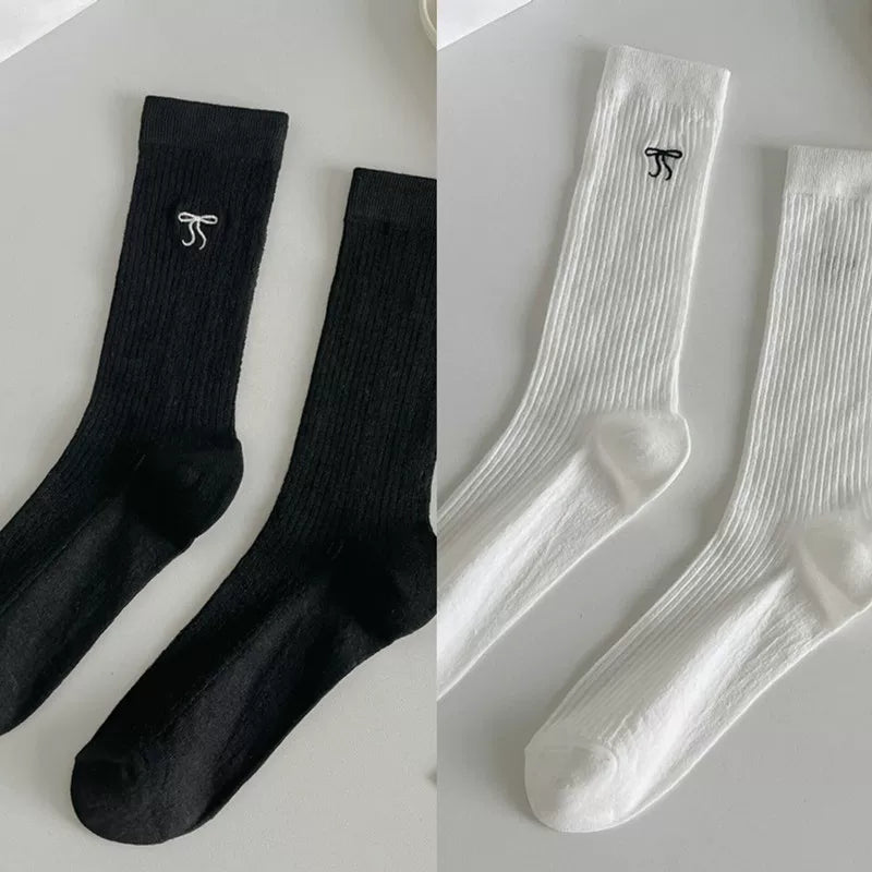 Ballet Style Bow Long Socks For Women Summer Thin Mid-High Calf Socks Mesh Breathable Pile Stockings Cotton