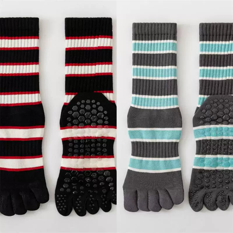 Findszx | Women’s Five-Toe Mid-Calf Socks for Yoga & Dance, Striped Pattern with Dotted Detail, Active Style