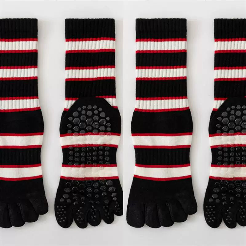 Findszx | Women’s Five-Toe Mid-Calf Socks for Yoga & Dance, Striped Pattern with Dotted Detail, Active Style