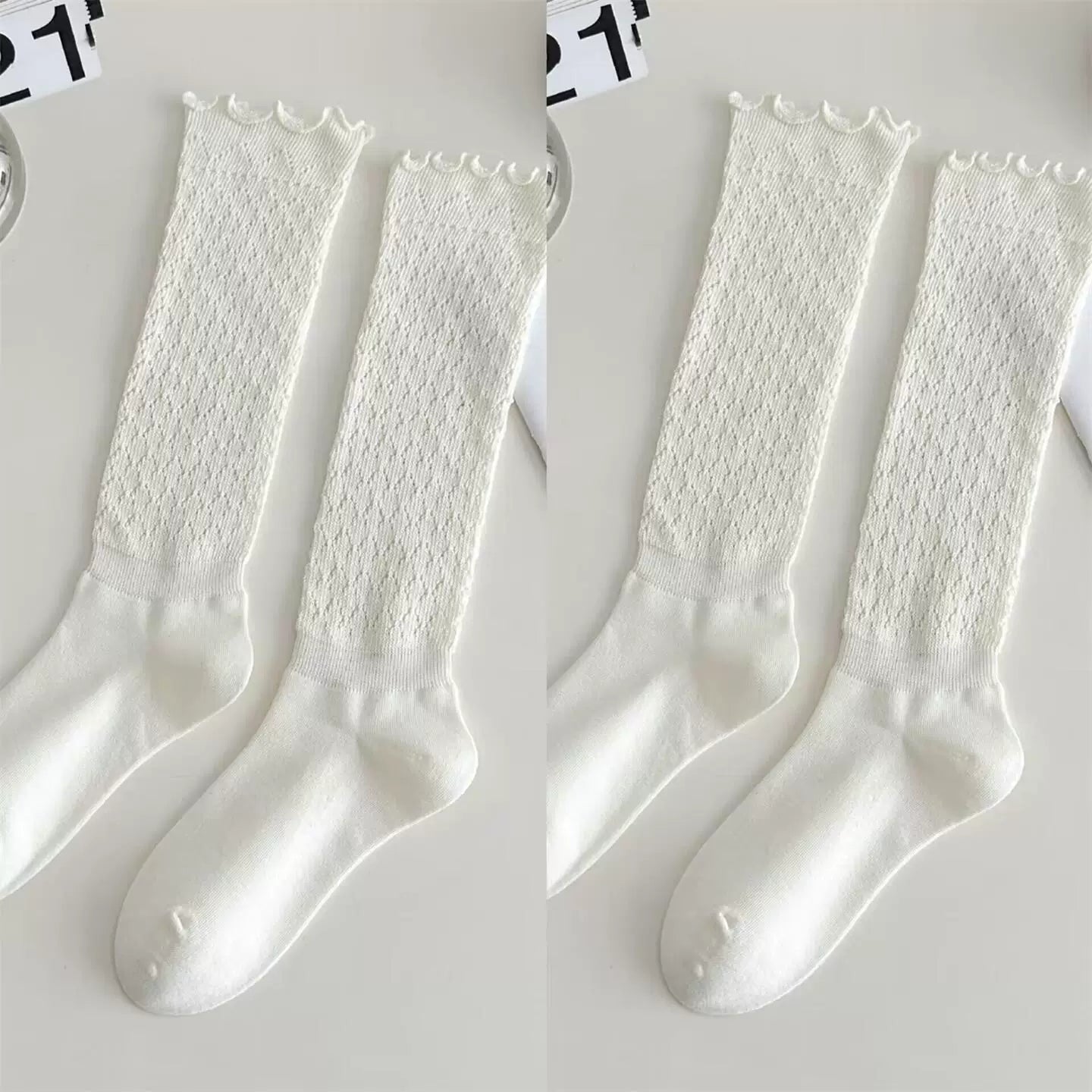 Findszx | Women’s Retro Knit Calf Socks with Lace Trim for Spring & Autumn Wear