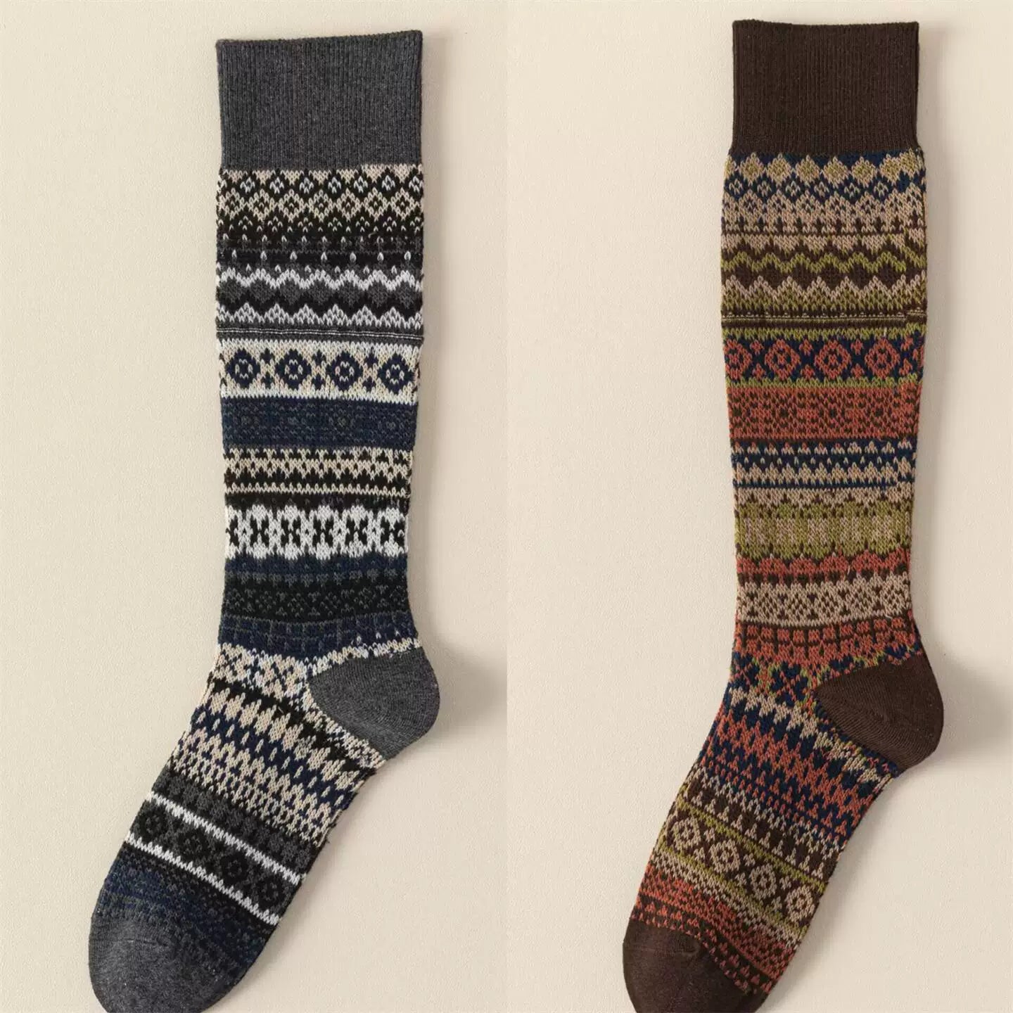 Ethnic Style Retro Calf Socks Double-Needle Fair Isle Stockings For Women In Autumn And Winter Paired With Snow Boots And Piled High Socks