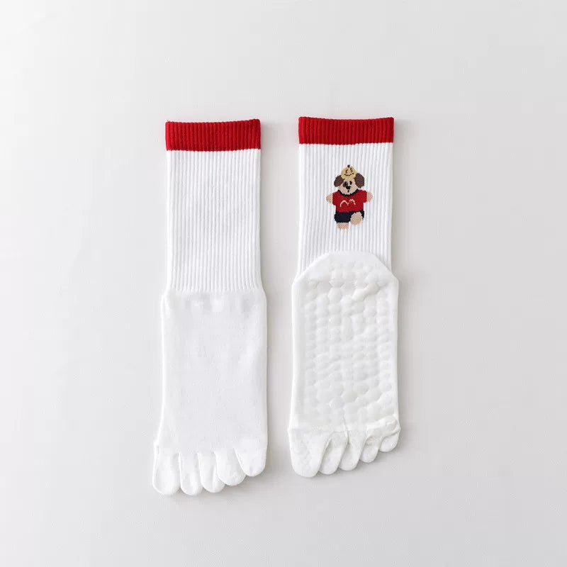 Findszx | Women’s Cartoon-Style Mid-Calf Five-Toe Yoga Socks with Grip for Pilates & Indoor Fitness