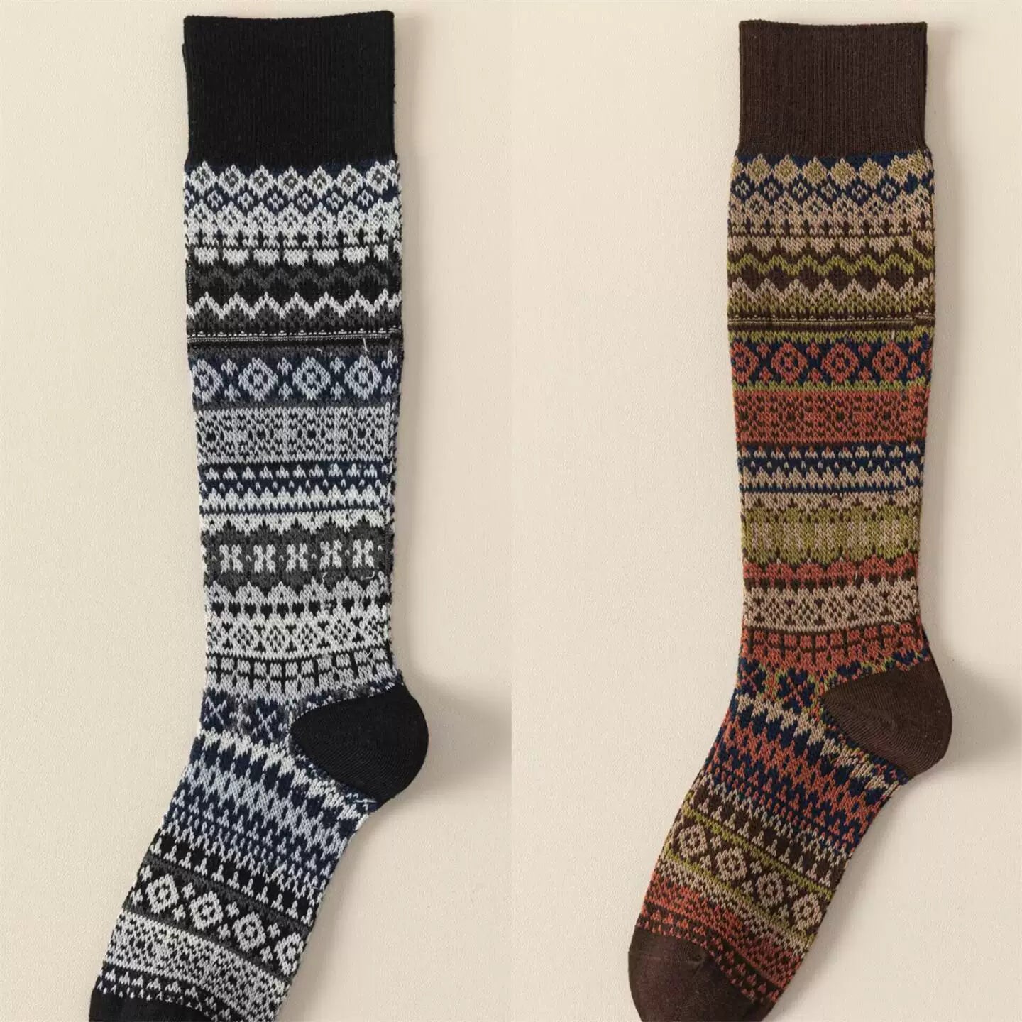 Ethnic Style Retro Calf Socks Double-Needle Fair Isle Stockings For Women In Autumn And Winter Paired With Snow Boots And Piled High Socks