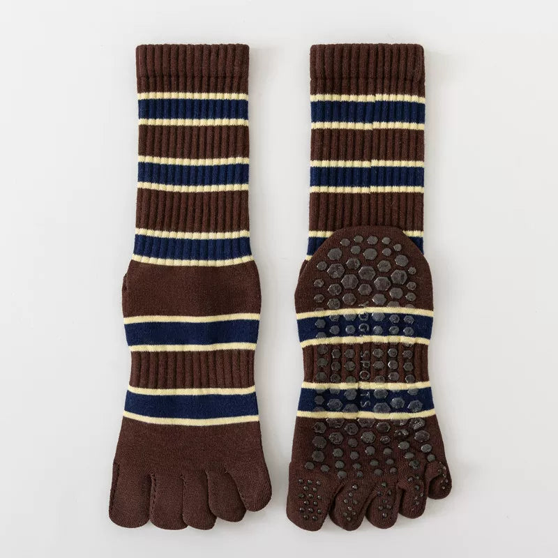 Findszx | Women’s Five-Toe Mid-Calf Socks for Yoga & Dance, Striped Pattern with Dotted Detail, Active Style