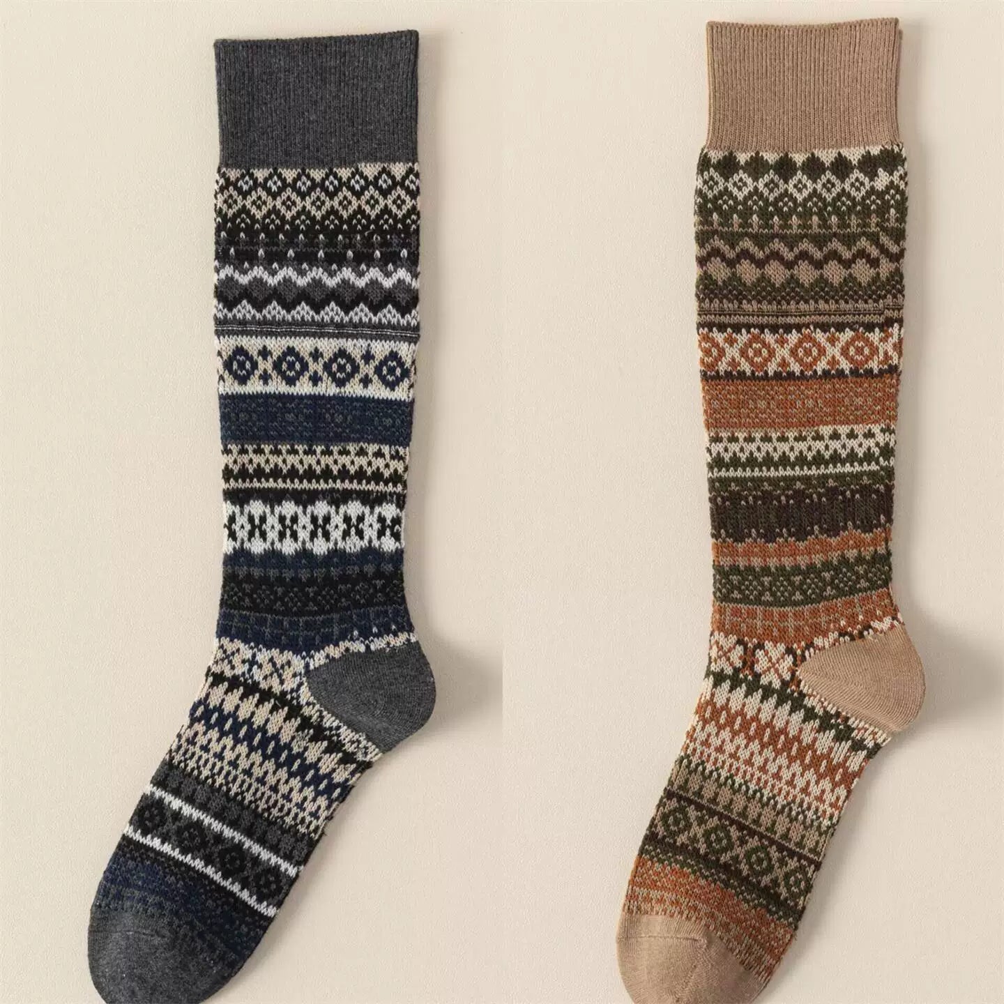 Ethnic Style Retro Calf Socks Double-Needle Fair Isle Stockings For Women In Autumn And Winter Paired With Snow Boots And Piled High Socks