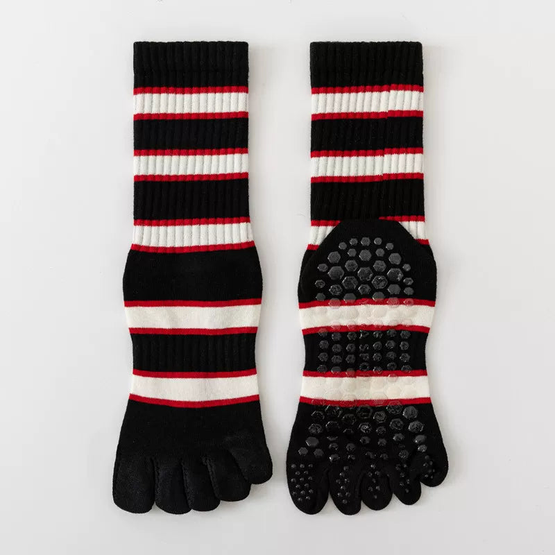 Findszx | Women’s Five-Toe Mid-Calf Socks for Yoga & Dance, Striped Pattern with Dotted Detail, Active Style