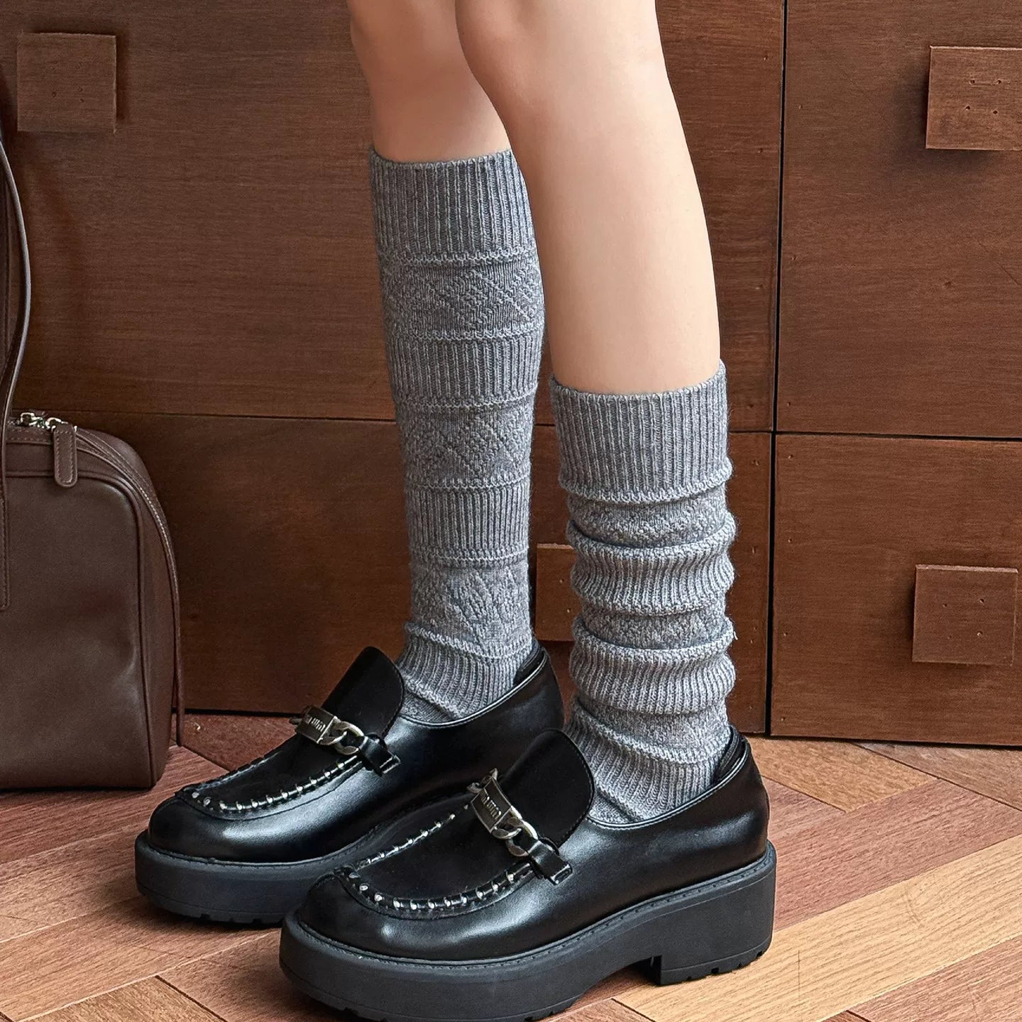 Findszx | Textured Diamond-Pattern Calf Socks for Women, Soft Knit Design, Autumn & Winter Daily Wear