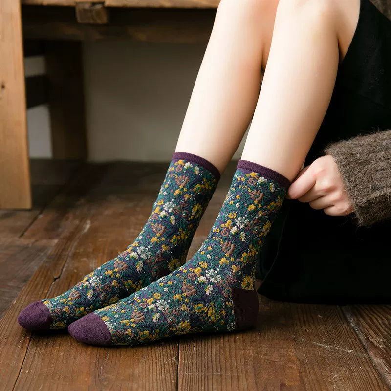 Findszx | Women’s Floral Lace Mid-Calf Cotton Socks with Delicate Knit Texture for Autumn & Winter Wear