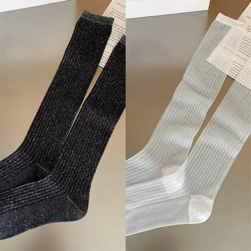 Findszx | Lightweight Vertical Stripe Long Calf Socks for Women, Sheer Texture Design, Spring & Summer Style