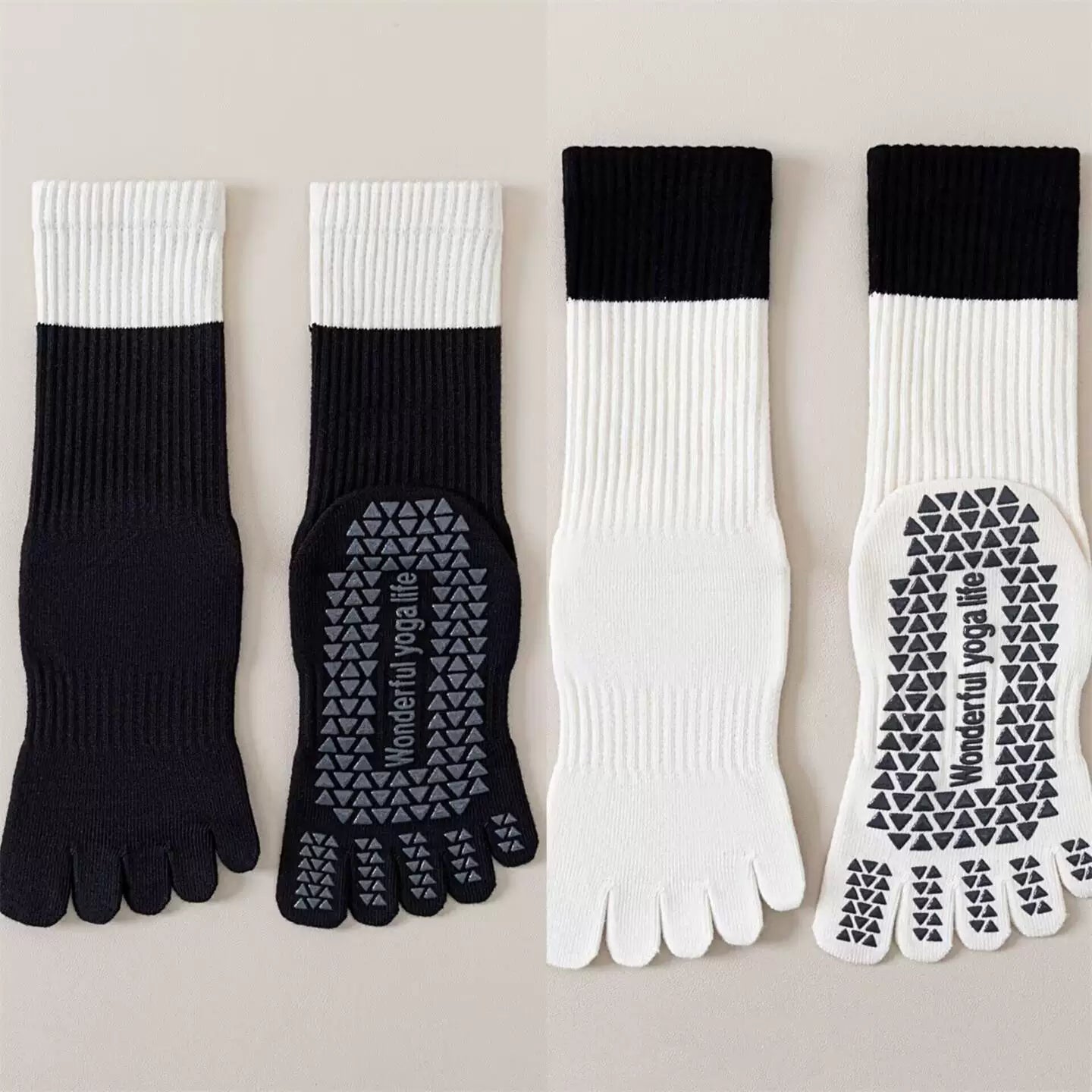 Findszx | Women’s Color-Block Mid-Calf Five-Toe Yoga Socks with Grip for Pilates & Indoor Fitness