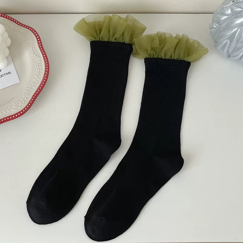 Findszx | Women’s Lace Panel Knee-High Socks with Mesh Texture for Everyday Fashion Wear